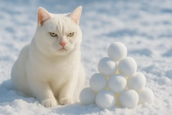White Cat by a Pile of Snowballs
