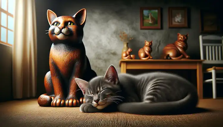 Kitty Sleeps By His Statue Friend