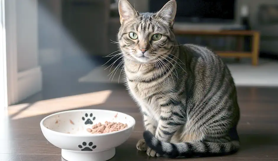 Satisfied Cat with Half Eaten Food in Bowl